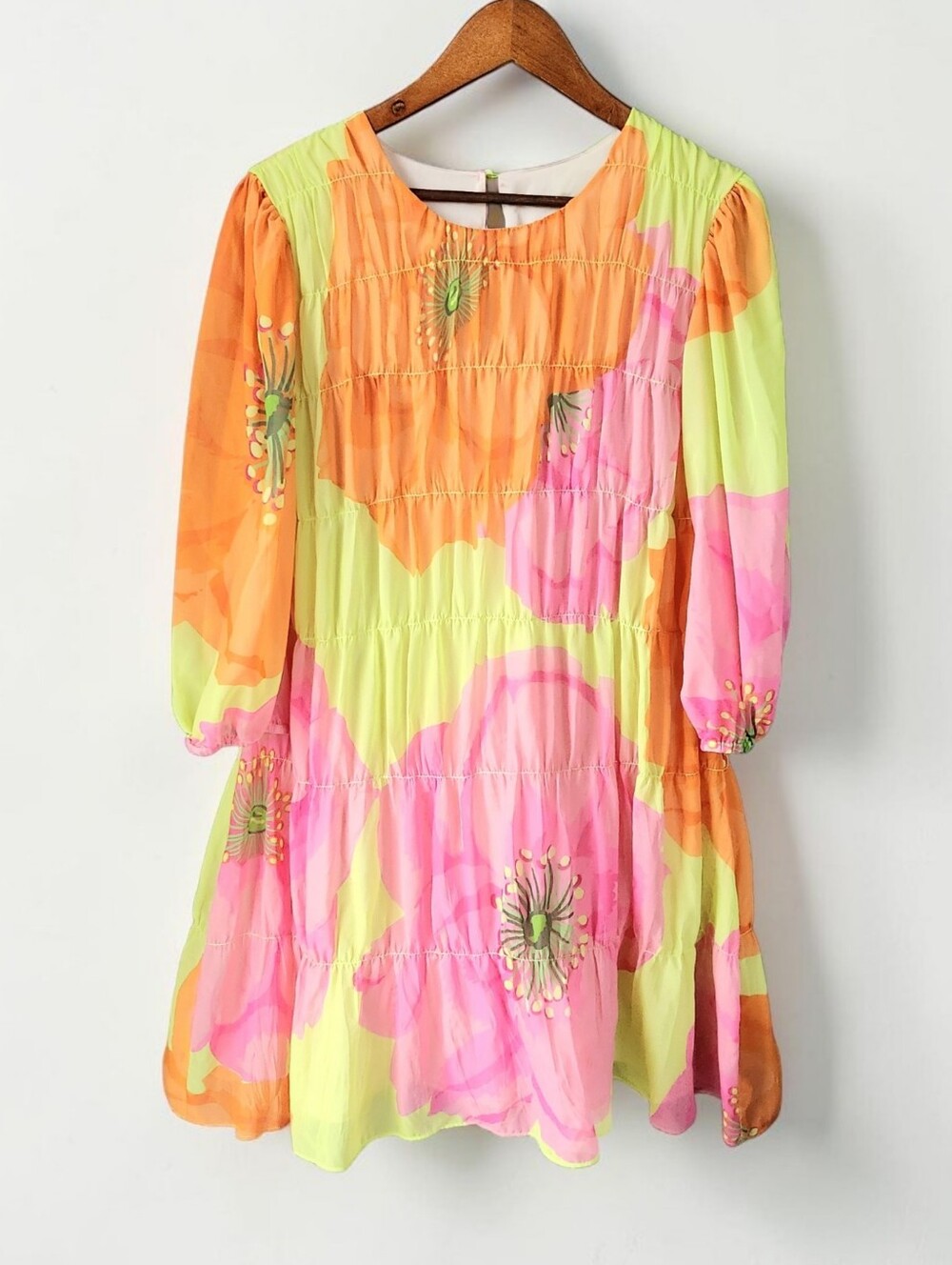 Trina Turk Silvery Poppy Vibrant Mini Dress M Yellow Pink Orange Abstract Floral